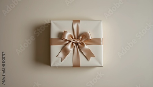A neatly wrapped gift box with a satin ribbon on a soft beige background. Crisp edges, smooth paper, and soft lighting create a clean, minimalist composition ideal for celebrations and gifting themes.