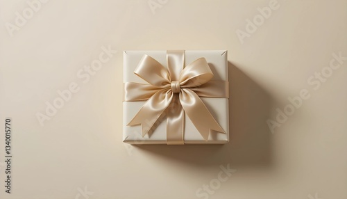 A neatly wrapped gift box with a satin ribbon on a soft beige background. Crisp edges, smooth paper, and soft lighting create a clean, minimalist composition ideal for celebrations and gifting themes.
