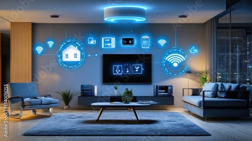 Smart Home Technology, Futuristic Living Room with IoT Devices and Seamless Connectivity