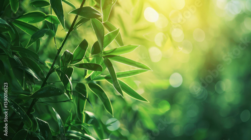 Lush green bamboo leaves glisten in soft sunlight, creating serene atmosphere