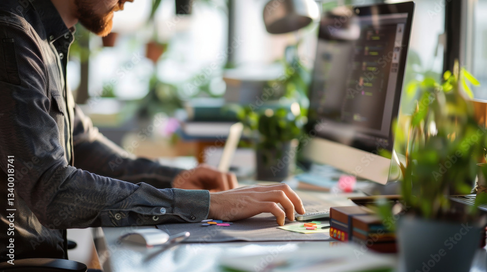focused man working on computer in bright office filled with plants focused man working on computer in bright office filled with plants