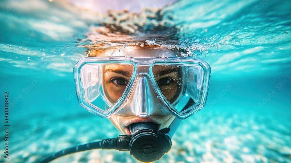 Fototapeta premium A person wearing diving equipment underwater in blue water