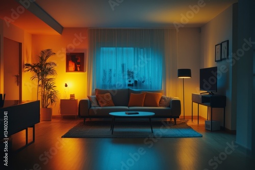 Modern living room interior with sofa, television, floor lamp and decor illuminated by orange and blue mood lighting