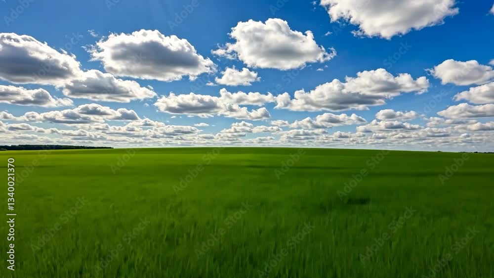 Expansive green field under a vibrant blue sky filled with fluffy white clouds, serene landscape Expansive green field under a vibrant blue sky filled with fluffy white clouds, serene landscape