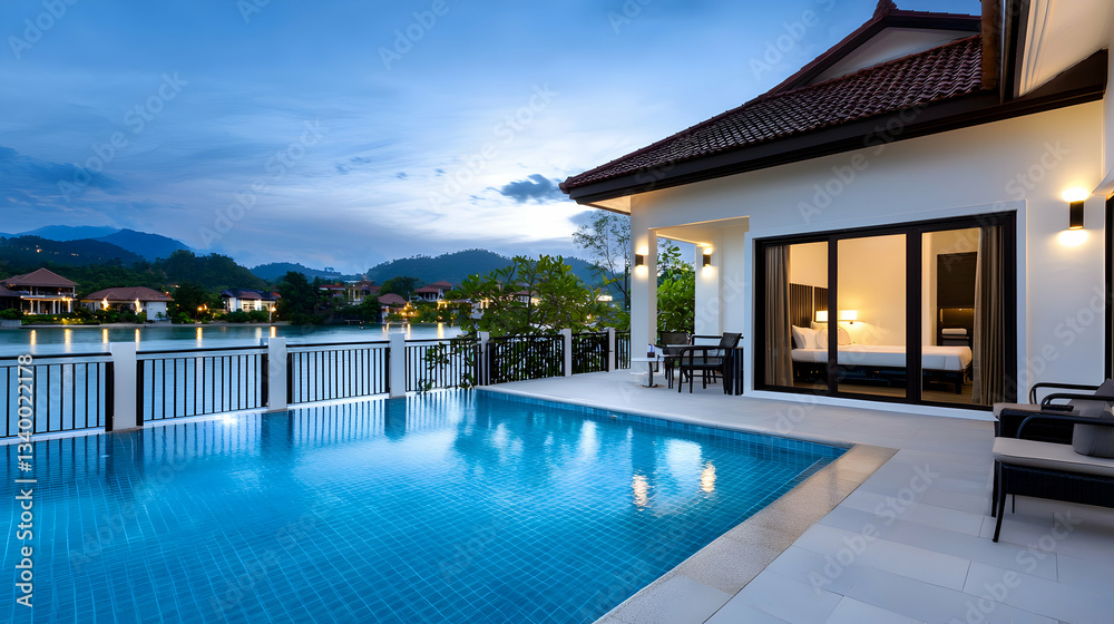 Modern Luxury Home with Pool at Dusk Modern Luxury Home with Pool at Dusk