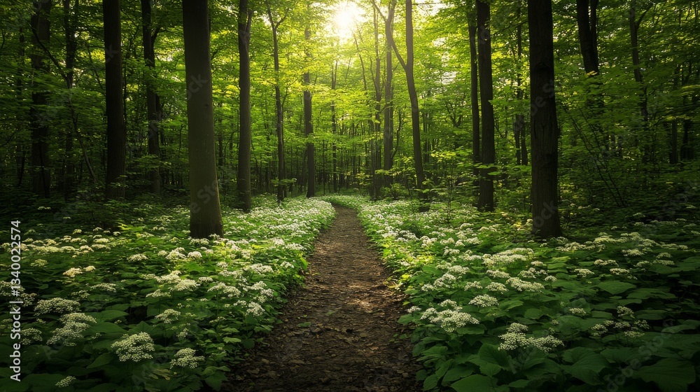 Obraz premium Forest path winding through lush green trees and wildflowers in dappled sunlight