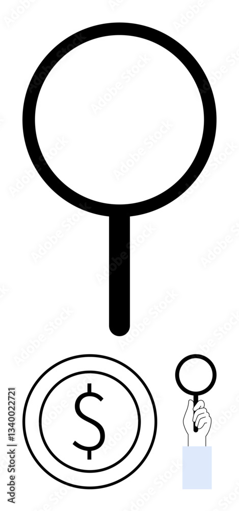 Magnifying glass over a dollar coin with a hand holding a magnifier, symbolizing financial scrutiny, analysis, investment inspection, or economic exploration. Ideal for finance, research, business Magnifying glass over a dollar coin with a hand holding a magnifier, symbolizing financial scrutiny, analysis, investment inspection, or economic exploration. Ideal for finance, research, business