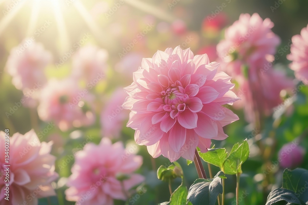 Fototapeta premium Pink dahlia flowers bloom in sunlight, in a lush green field. Use for spring, nature, or beauty product related design projects.