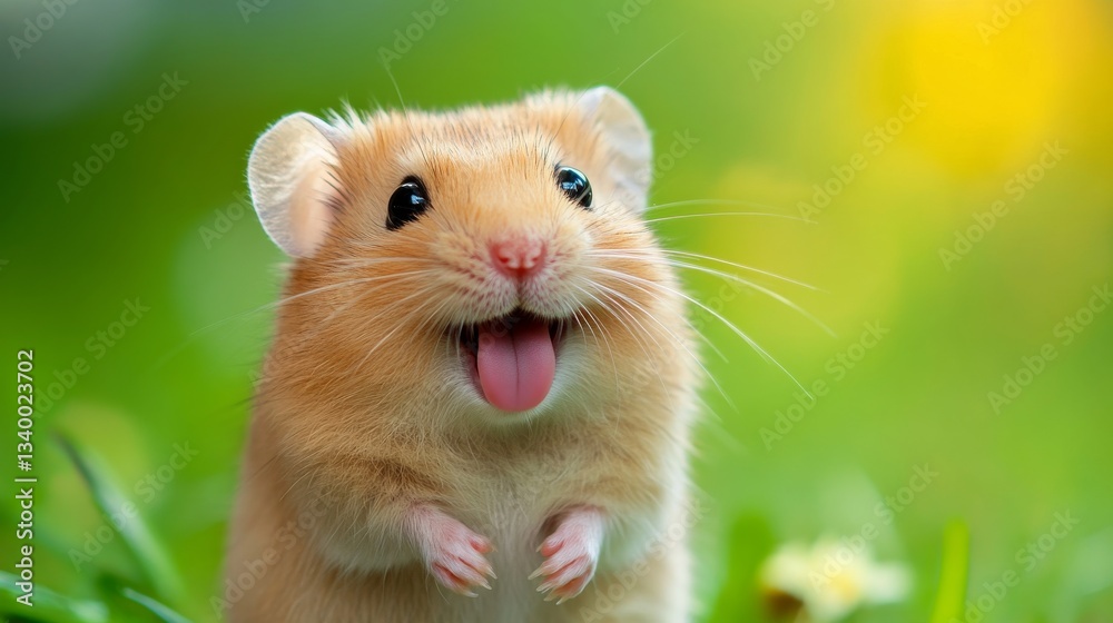 Cute hamster on green field smiling with tongue out, playful and joyful mood Cute hamster on green field smiling with tongue out, playful and joyful mood