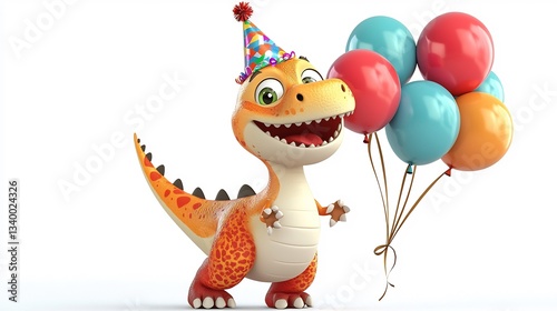 Fototapeta Naklejka Na Ścianę i Meble -  Cute dino cartoon character with a party hat and birthday balloons