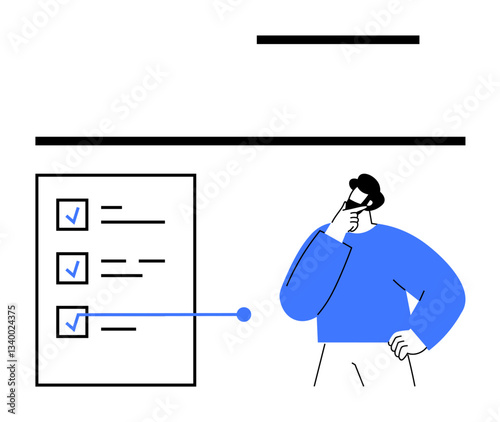 Person holding chin thoughtfully next to a checklist with marked items and arrows pointing to tasks. Ideal for productivity, decision making, task management, planning, organization, prioritization