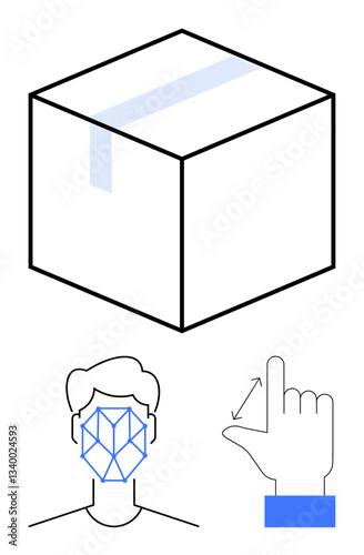 Box with tape, human face with recognition pattern and hand gesture icons. Ideal for delivery, technology, identity security, AI systems, communication, innovation abstract process. Flat simple
