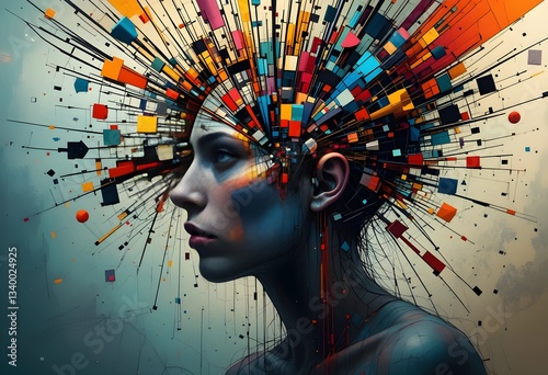 An abstract composition with dynamic lines, fragmented shapes, and distorted perspectives in a vibrant color palette. A visual representation of inner turmoil, chaos, and mental distress.