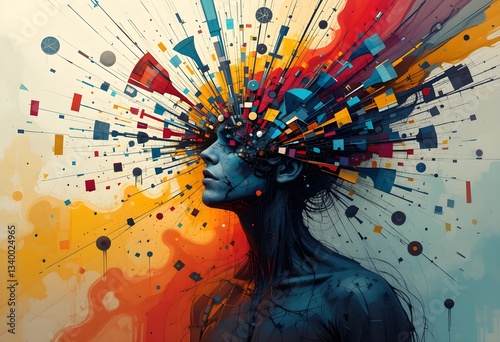 An abstract composition with dynamic lines, fragmented shapes, and distorted perspectives in a vibrant color palette. A visual representation of inner turmoil, chaos, and mental distress.