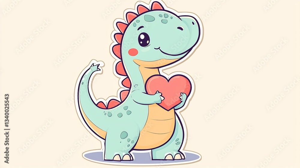 Cute kawaii style dinosaur holding a heart pastel colors sticker friendly Cute kawaii style dinosaur holding a heart pastel colors sticker friendly