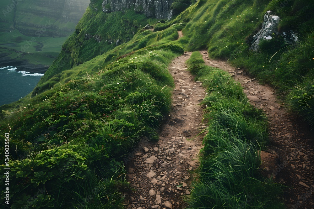 Obraz premium Green Cliffside Hiking Trail Path Above Ocean