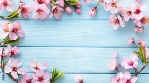 Pink Cherry Blossoms on Blue Wood Background for Spring and Floral Designs