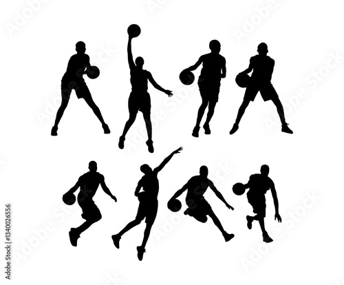 Set of sporty men silhouettes workout playing basketball, hobbies and leisure