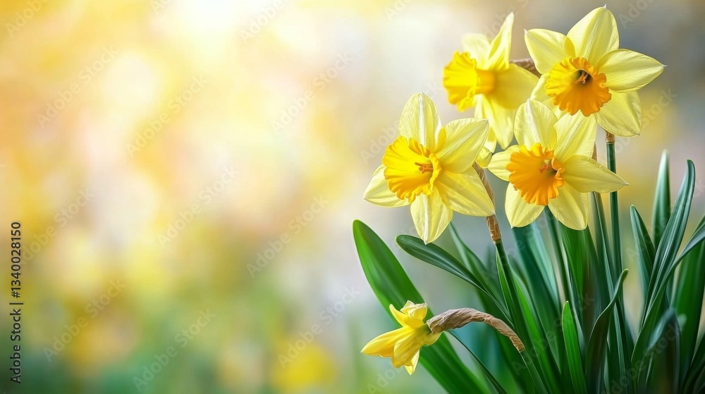 Fototapeta premium Yellow Daffodils Blooming in Springtime with Sunny Background and Green Leaves