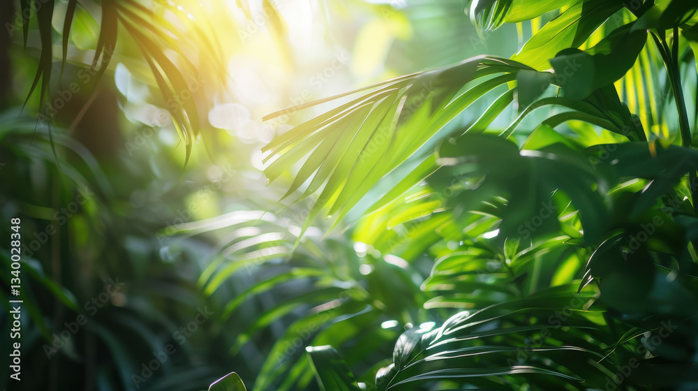 Fototapeta premium Lush green foliage illuminated by sunlight creates serene atmosphere