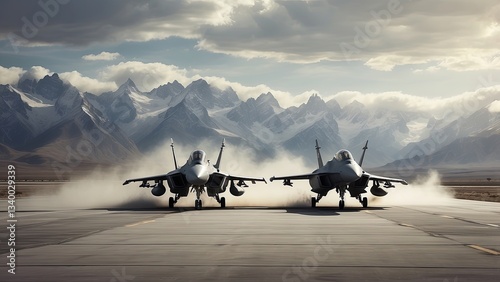 Two military fighter jets are taking off from a runway in a mountainous landscape.