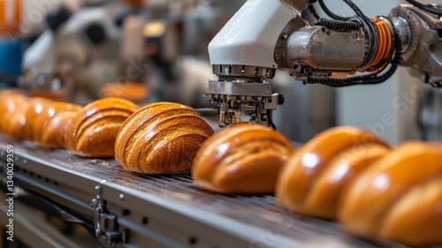 Robotic Arm Handling Freshly Baked Bread Loaves photo