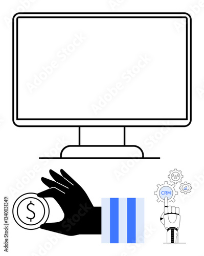 Large computer monitor, black hand holding coin, CRM automation icons, vertical blue bars. Ideal for technology, finance, automation, marketing business productivity innovation digital tools. Flat