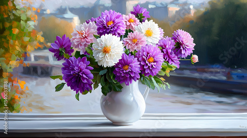 Wallpaper Mural Purple and Pink Dahlia Bouquet in White Vase on Windowsill Torontodigital.ca