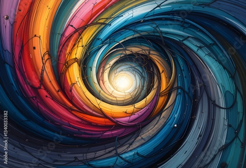 A swirling vortex of colors and chaotic lines, symbolizing overthinking and emotional overwhelm. The abstract movement represents racing thoughts, confusion, and mental distress.