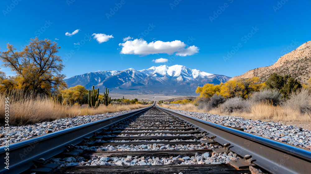 Fototapeta premium Railway Tracks Leading to Snowy Mountains Under a Blue Sky