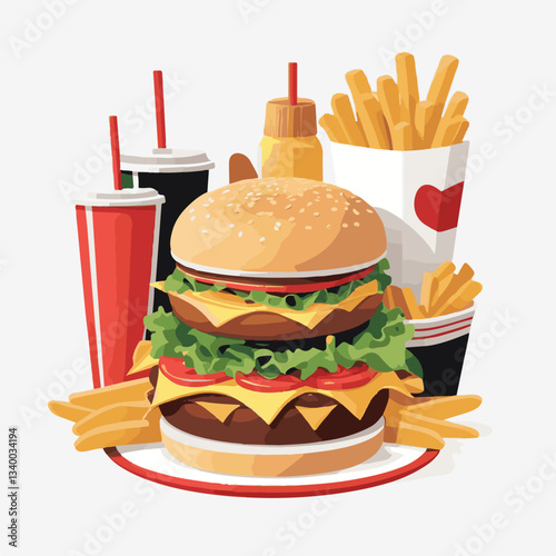 food, meal, restaurant, fast, burger, snack, dinner, hamburger, meat, isolated, lunch, menu, tasty, cheeseburger, fast food, delicious, fastfood, sandwich, set, drink, unhealthy, vector, pizza, eat, b
