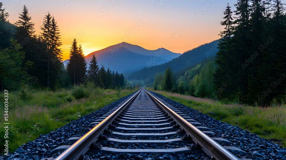 Fototapeta premium Railway Tracks Through a Forest at Sunset