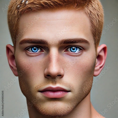 Hyper-realistic portrait of a young man with short golden blonde hair, matching eyebrows, and striking blue eyes photo