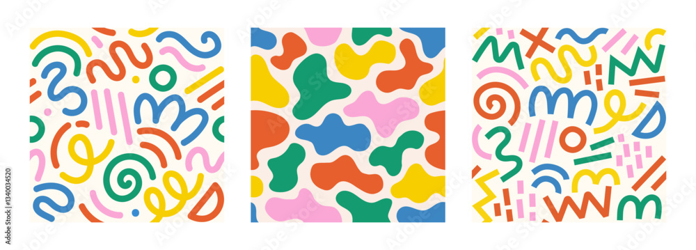 Collection of retro 80s, 90s colorful vector seamless patterns. Doodle fun kid backgrounds. Childish cool geometric design useful for fabric, textile, cover, banner, label, print, wrapping, wallpaper	