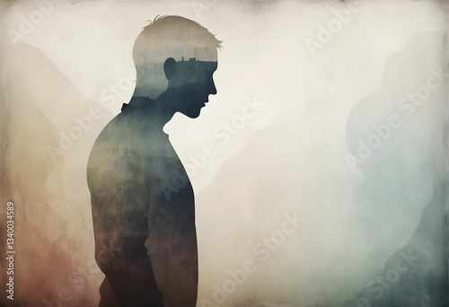 A fading silhouette dissolving into the background, symbolizing emotional exhaustion and losing oneself to stress or depression. A minimalist abstract concept for mental health themes.