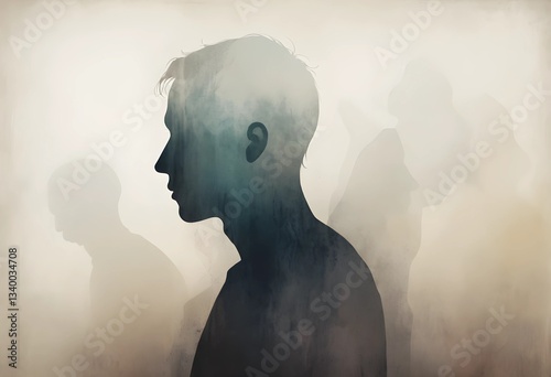 A fading silhouette dissolving into the background, symbolizing emotional exhaustion and losing oneself to stress or depression. A minimalist abstract concept for mental health themes.