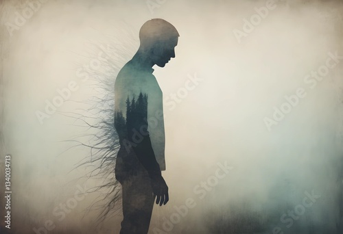 A fading silhouette dissolving into the background, symbolizing emotional exhaustion and losing oneself to stress or depression. A minimalist abstract concept for mental health themes.