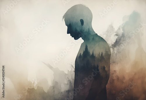 A fading silhouette dissolving into the background, symbolizing emotional exhaustion and losing oneself to stress or depression. A minimalist abstract concept for mental health themes.