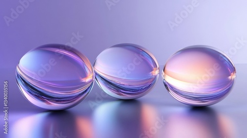 Three transparent spheres are arranged across a reflective surface