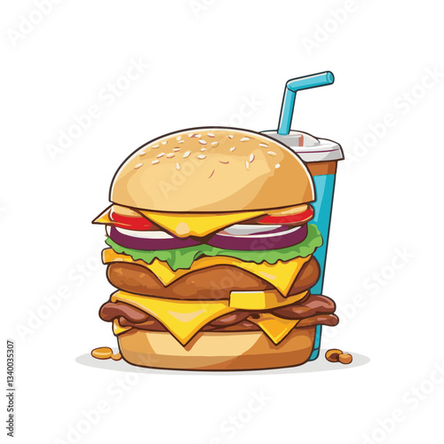 food, meal, restaurant, fast, burger, snack, dinner, hamburger, meat, isolated, lunch, menu, tasty, cheeseburger, fast food, delicious, fastfood, sandwich, set, drink, unhealthy, vector, pizza, eat, b