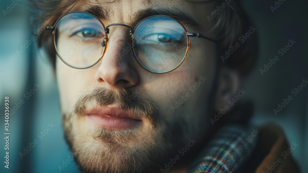 close up portrait of young man with glasses, showcasing his thoughtful expression and stylish appearance close up portrait of young man with glasses, showcasing his thoughtful expression and stylish appearance