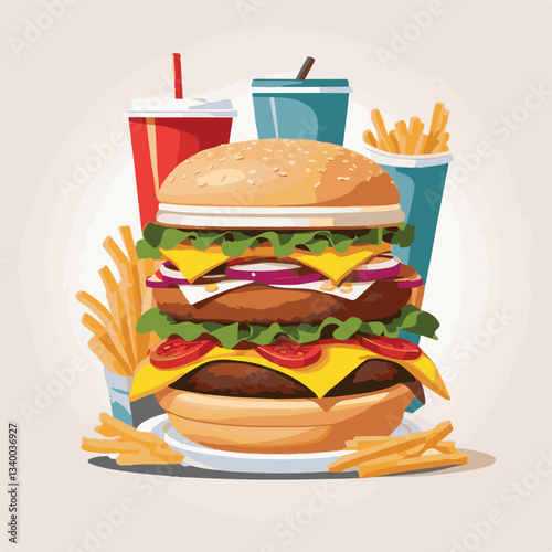 food, meal, restaurant, fast, burger, snack, dinner, hamburger, meat, isolated, lunch, menu, tasty, cheeseburger, fast food, delicious, fastfood, sandwich, set, drink, unhealthy, vector, pizza, eat, b