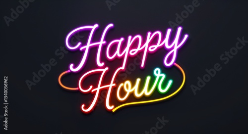 happy hour glowing colorful neon cursive calligraphy lettering on plain black dark background