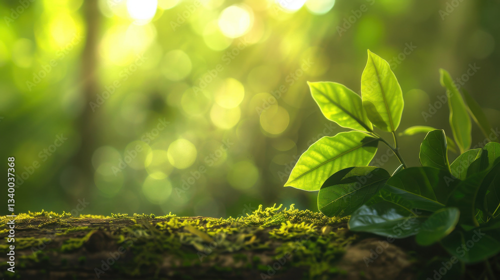 Lush green leaves on mossy log create serene forest atmosphere, inviting tranquility and connection with nature Lush green leaves on mossy log create serene forest atmosphere, inviting tranquility and connection with nature