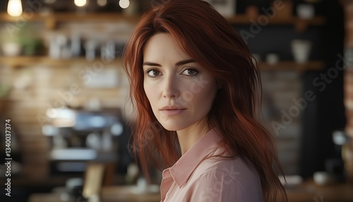 Close-up portrait of a young woman with long, auburn hair.  The subject is in sharp focus, with a shallow depth of field blurring the background elements of a coffee shop, including visible wooden