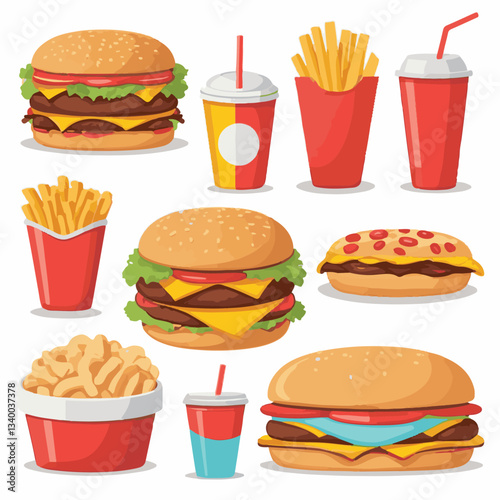 food, meal, restaurant, fast, burger, snack, dinner, hamburger, meat, isolated, lunch, menu, tasty, cheeseburger, fast food, delicious, fastfood, sandwich, set, drink, unhealthy, vector, pizza, eat, b