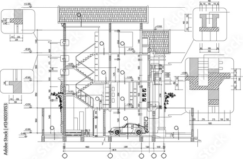 vector sketch illustration of architectural design of a modern minimalist multi-storey house with scale size