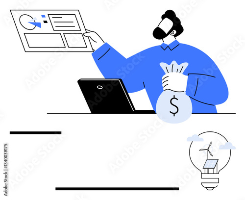 Man holding money bag evaluates data on analytics chart near laptop. Lightbulb contains wind turbine and solar panel. Ideal for finance, investment, analytics, energy, sustainability, business, green