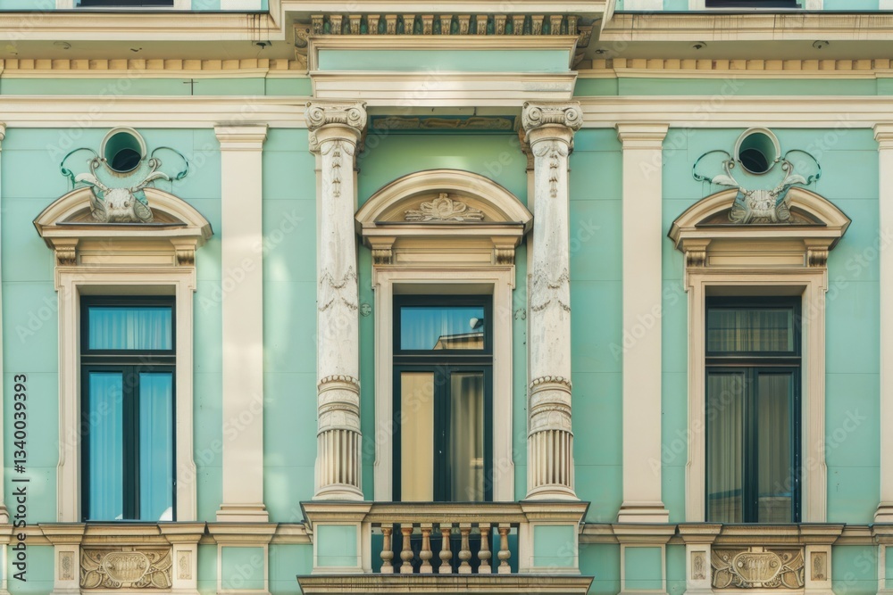 Fototapeta premium Photo of Olive wall and windows of classical building facade in Rome. Detailed image