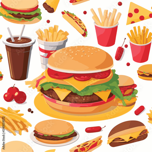 food, meal, restaurant, fast, burger, snack, dinner, hamburger, meat, isolated, lunch, menu, tasty, cheeseburger, fast food, delicious, fastfood, sandwich, set, drink, unhealthy, vector, pizza, eat, b